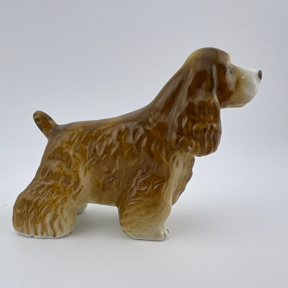 Vintage Cocker Spaniel Dog Figurine Brown White Glossy Ceramic Miniature 2" MCM